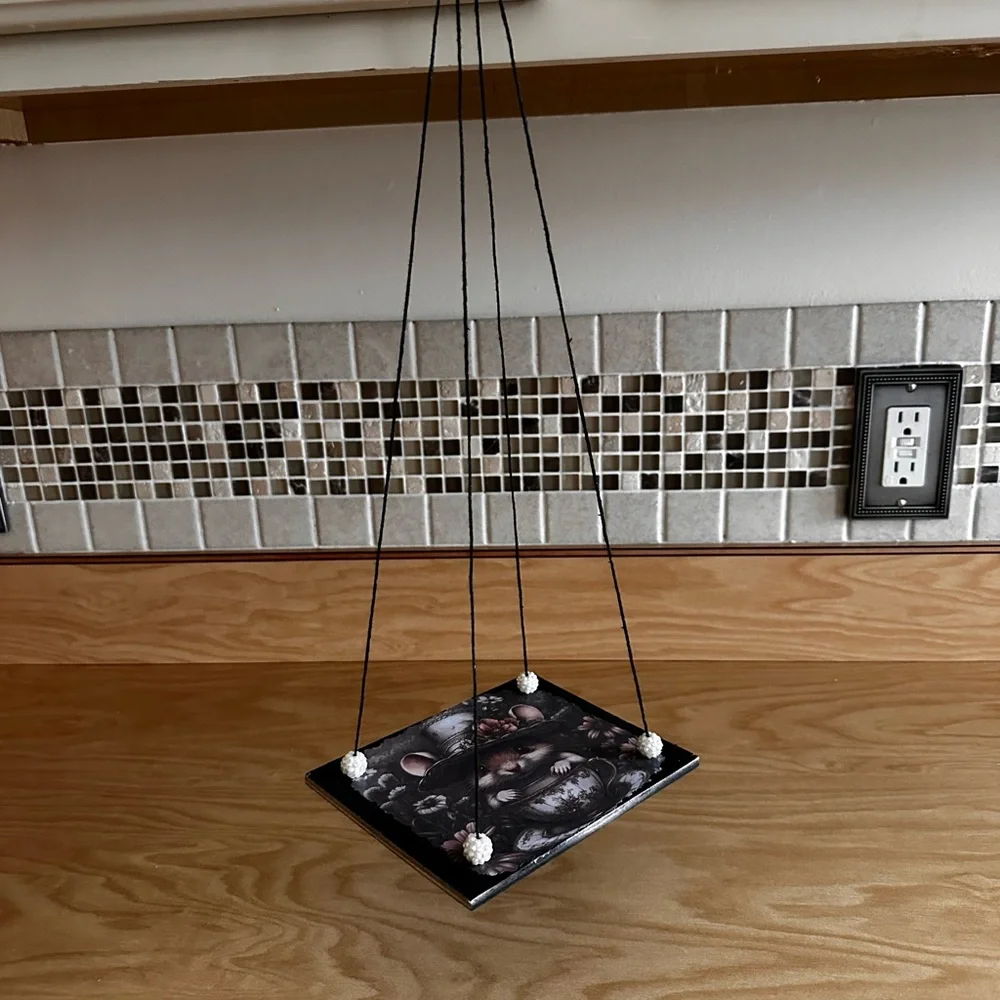 Handmade hanging display shelf with vintage mouse and teacup art